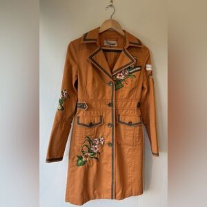 Karen Millen Vintage Orange Floral Embroidered Military Coat, Sz 8